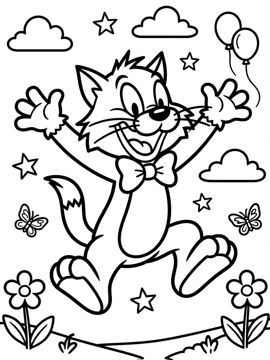 Sylvester jumping with joy, with fun background elements.