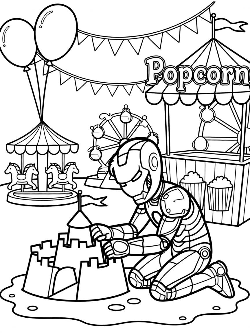 Iron Man building a sandcastle, at a carnival with colorful decorations.