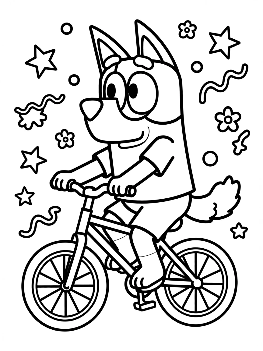 Bluey riding a bicycle, with playful patterns around.