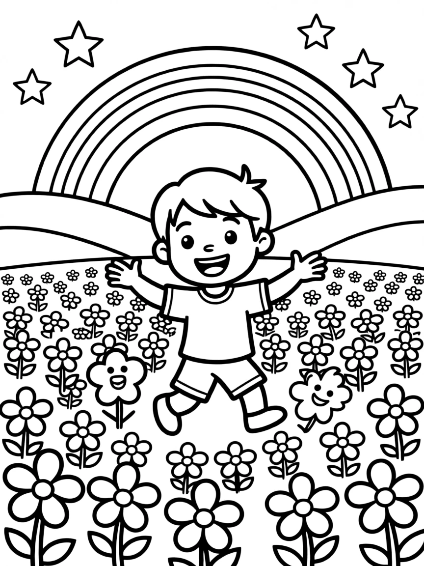 Cocomelon dancing in a field of flowers, with stars and rainbows in the background.