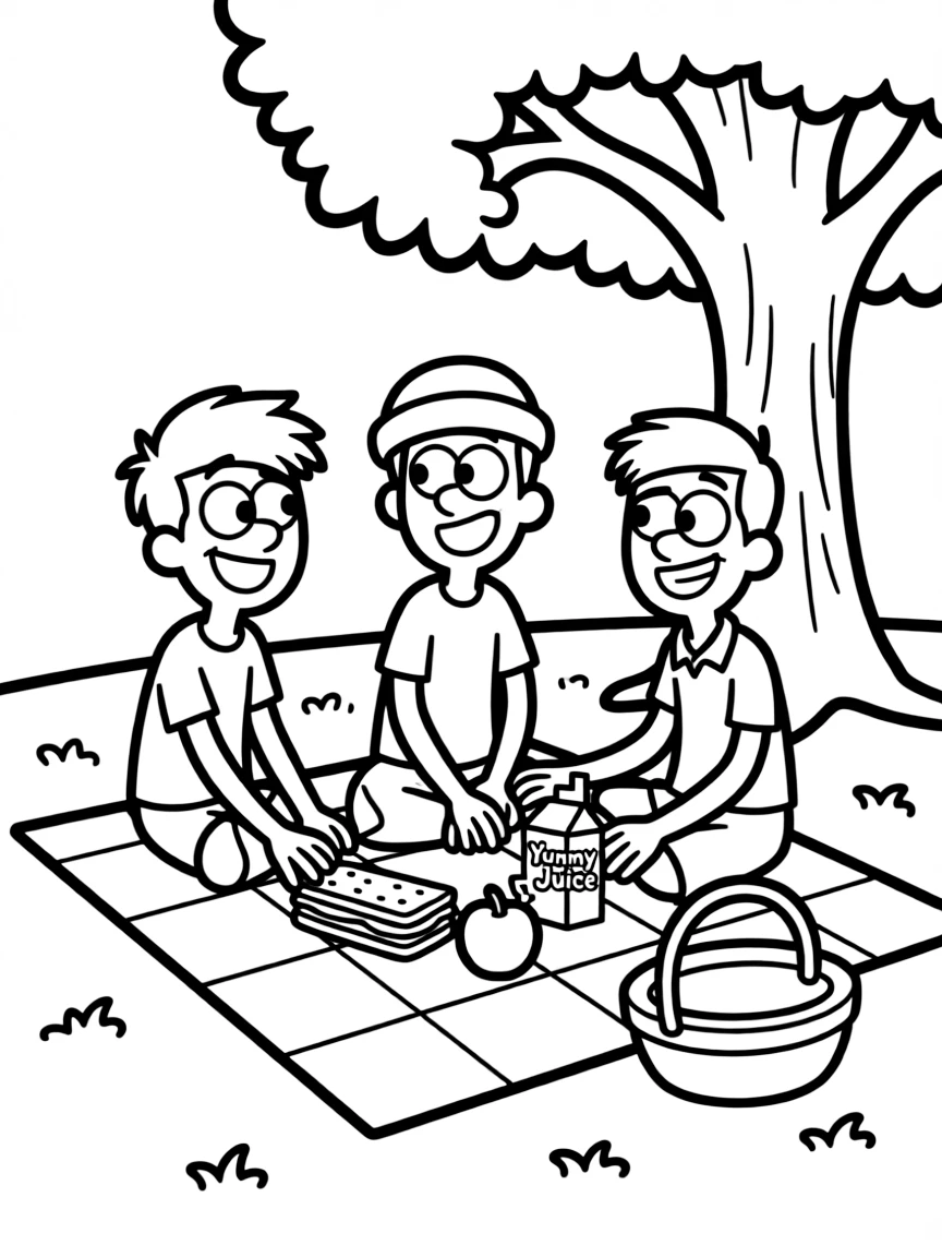 Ed, Edd n Eddy having a picnic, with big bold outlines for easy coloring.