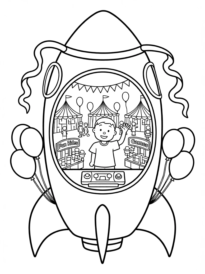 Caillou exploring space in a rocket, at a carnival with colorful decorations.