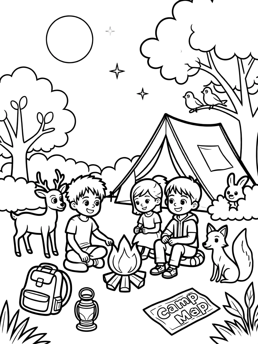 Zoro camping with friends, surrounded by friendly animals.