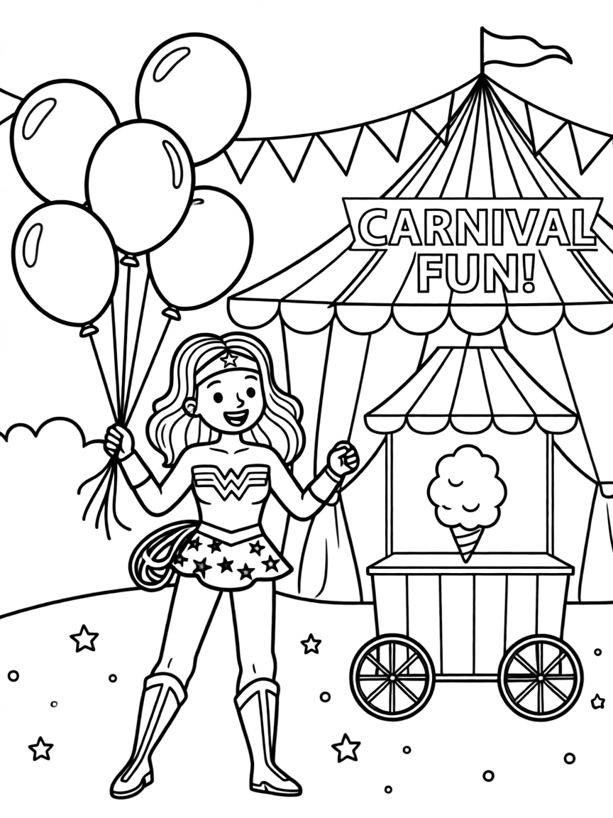 Wonder Woman playing with balloons, at a carnival with colorful decorations.