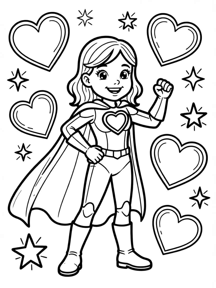 Barbie wearing a superhero costume, with hearts and sparkles around.