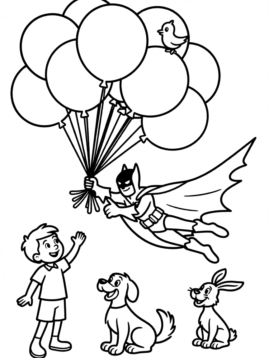 Batman: The Animated Series flying with balloons, surrounded by friendly animals.