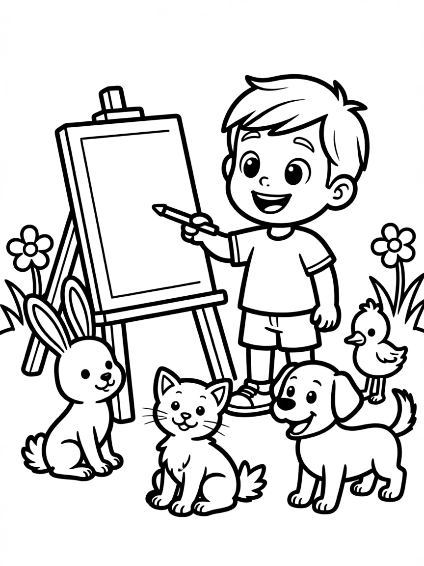 Cocomelon painting a picture, surrounded by friendly animals.