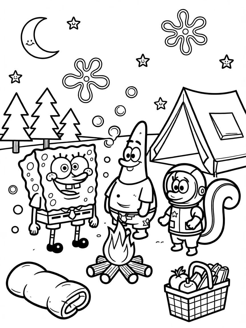 SpongeBob SquarePants camping with friends, with playful patterns around.