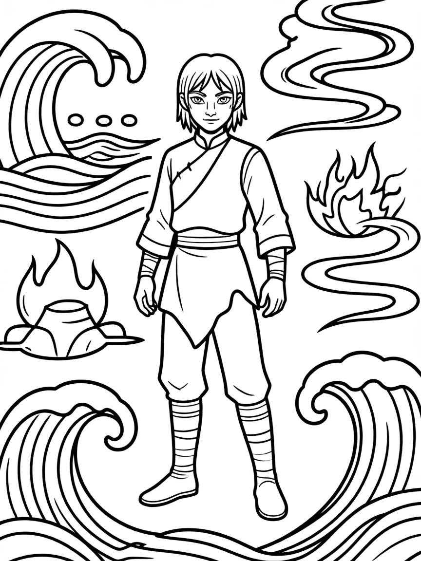 Avatar: The Last Airbender posing heroically, with playful patterns around.