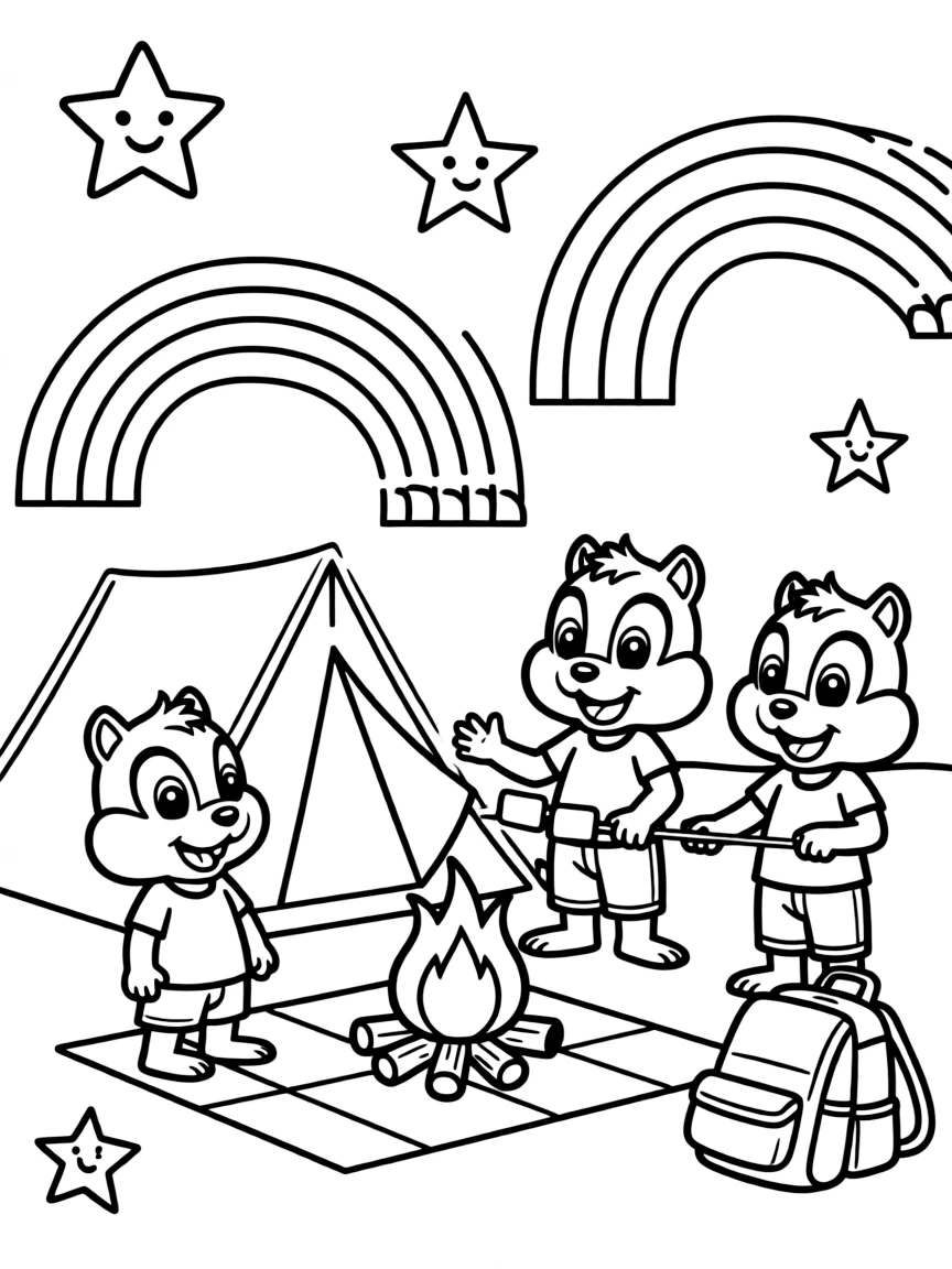 Alvin and the Chipmunks camping with friends, with stars and rainbows in the background.