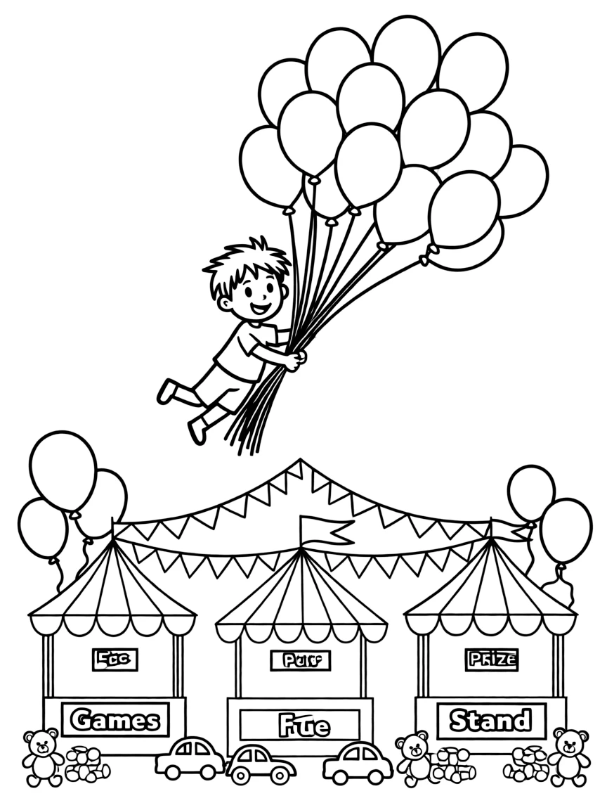 One Piece flying with balloons, at a carnival with colorful decorations.