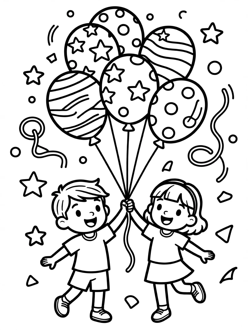 Cocomelon playing with balloons, with playful patterns around.