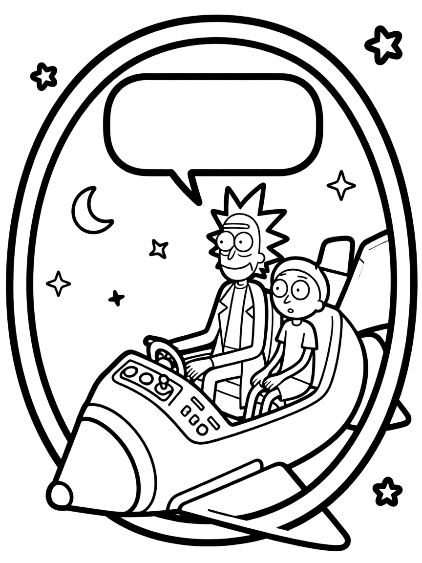 Rick and Morty exploring space in a rocket, inside a comic book frame.