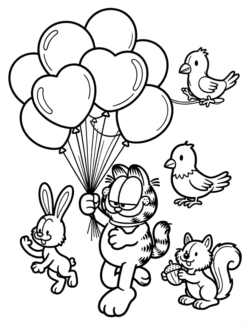 Garfield flying with balloons, surrounded by friendly animals.