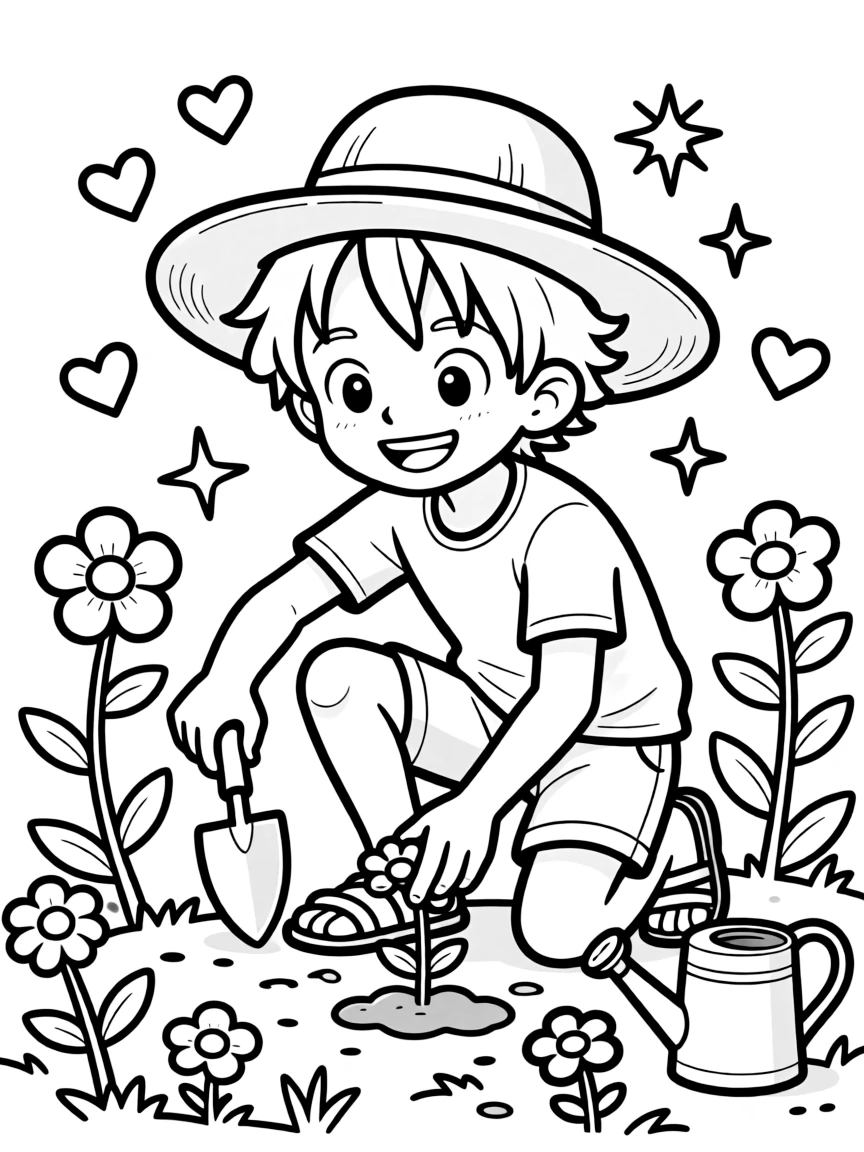 Usopp gardening, with hearts and sparkles around.