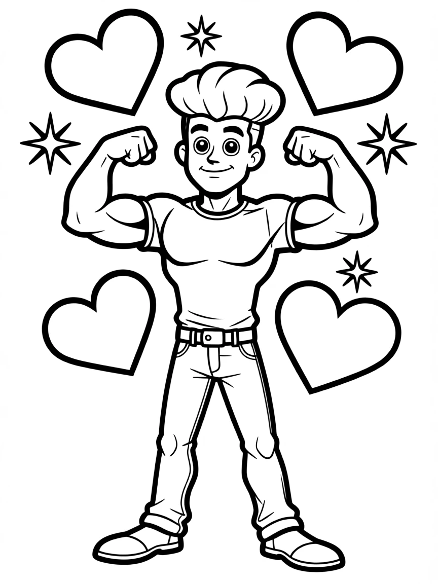 Johnny Bravo posing heroically, with hearts and sparkles around.