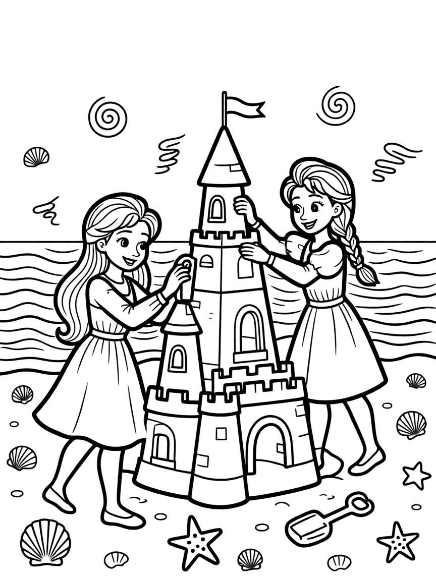 Frozen Characters building a sandcastle, with playful patterns around.