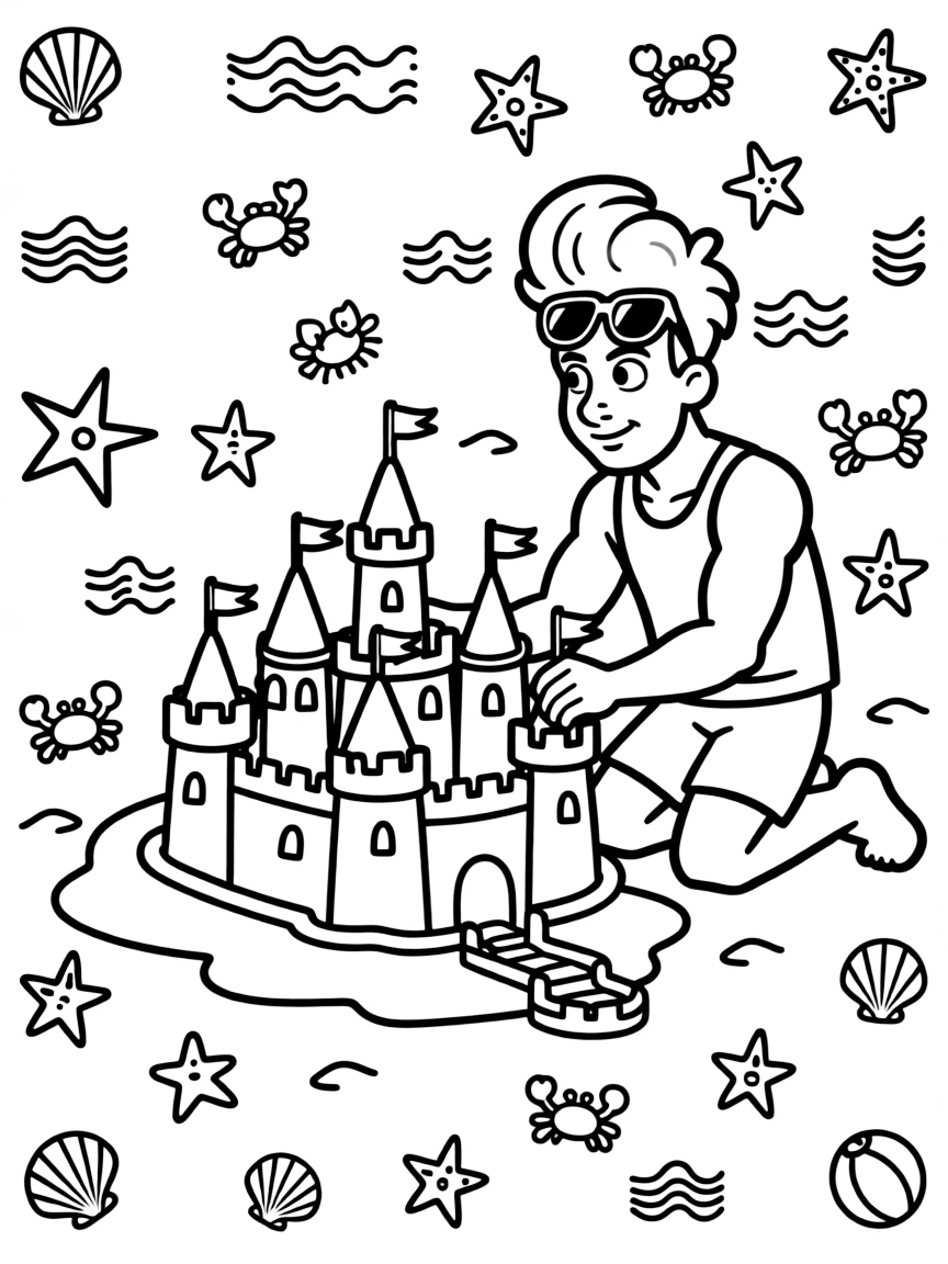 Johnny Bravo building a sandcastle, with playful patterns around.