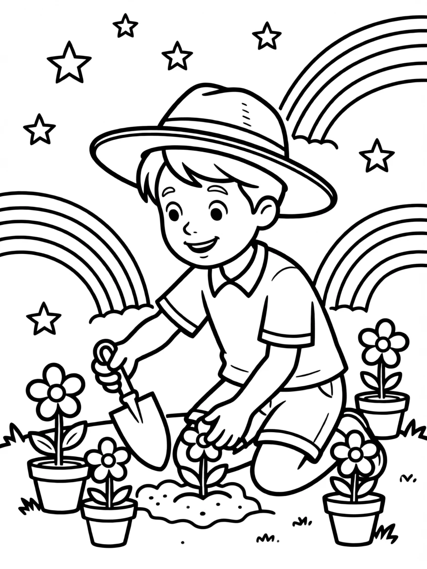 Arthur gardening, with stars and rainbows in the background.
