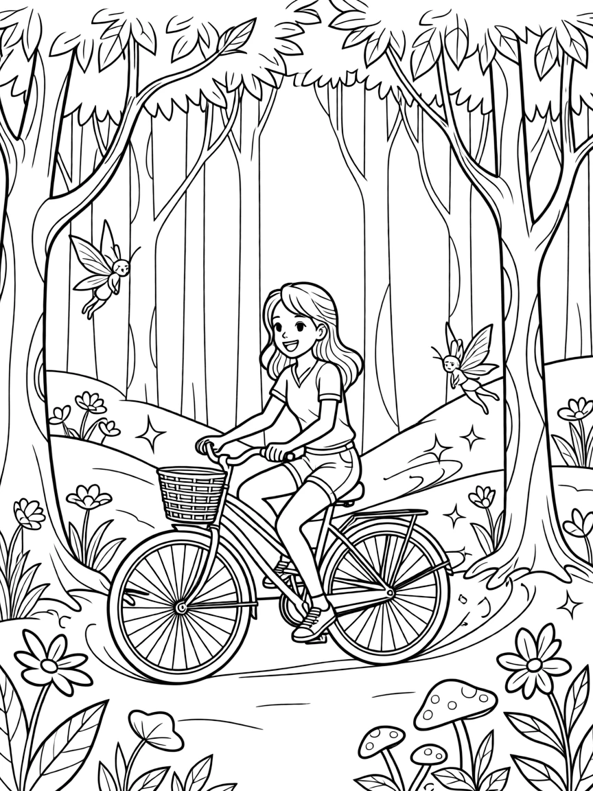 Nami riding a bicycle, in a magical forest setting.