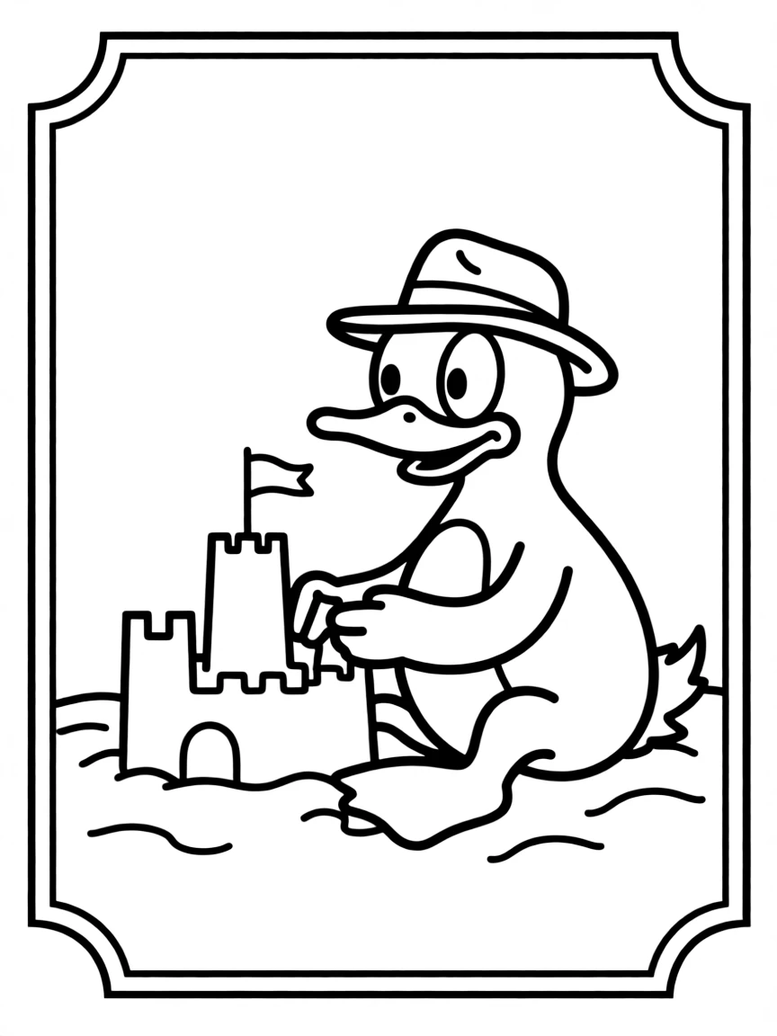Perry the Platypus building a sandcastle, inside a comic book frame.