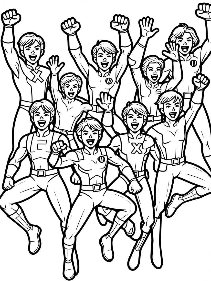 X-Men jumping with joy, with big bold outlines for easy coloring.