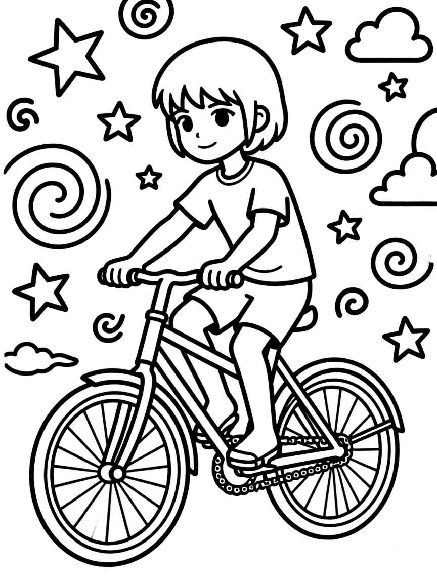 Avatar: The Last Airbender riding a bicycle, with playful patterns around.