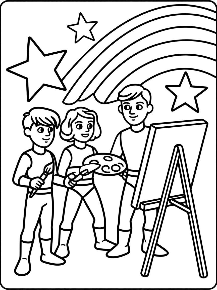 X-Men painting a picture, with stars and rainbows in the background.