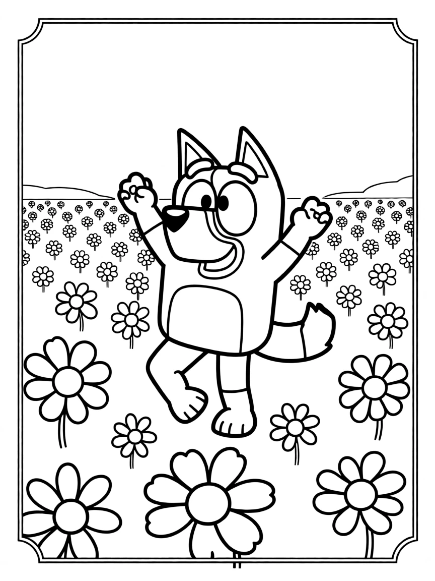 Bluey dancing in a field of flowers, inside a comic book frame.