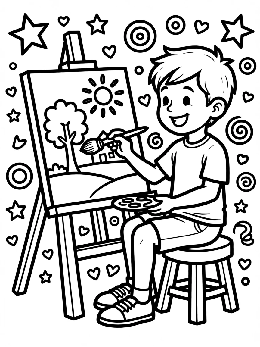 One Piece painting a picture, with playful patterns around.