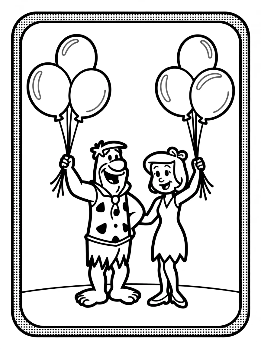 The Flintstones playing with balloons, inside a comic book frame.