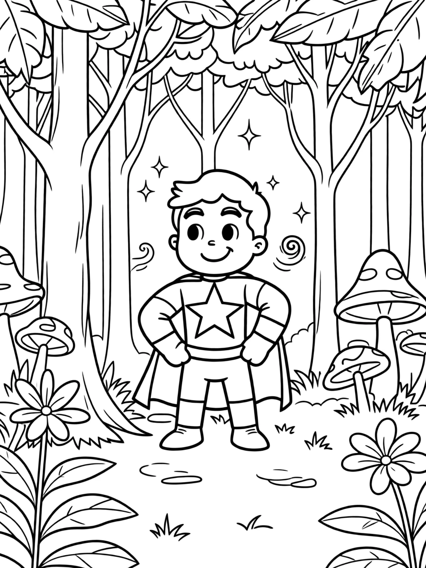 Steven Universe wearing a superhero costume, in a magical forest setting.