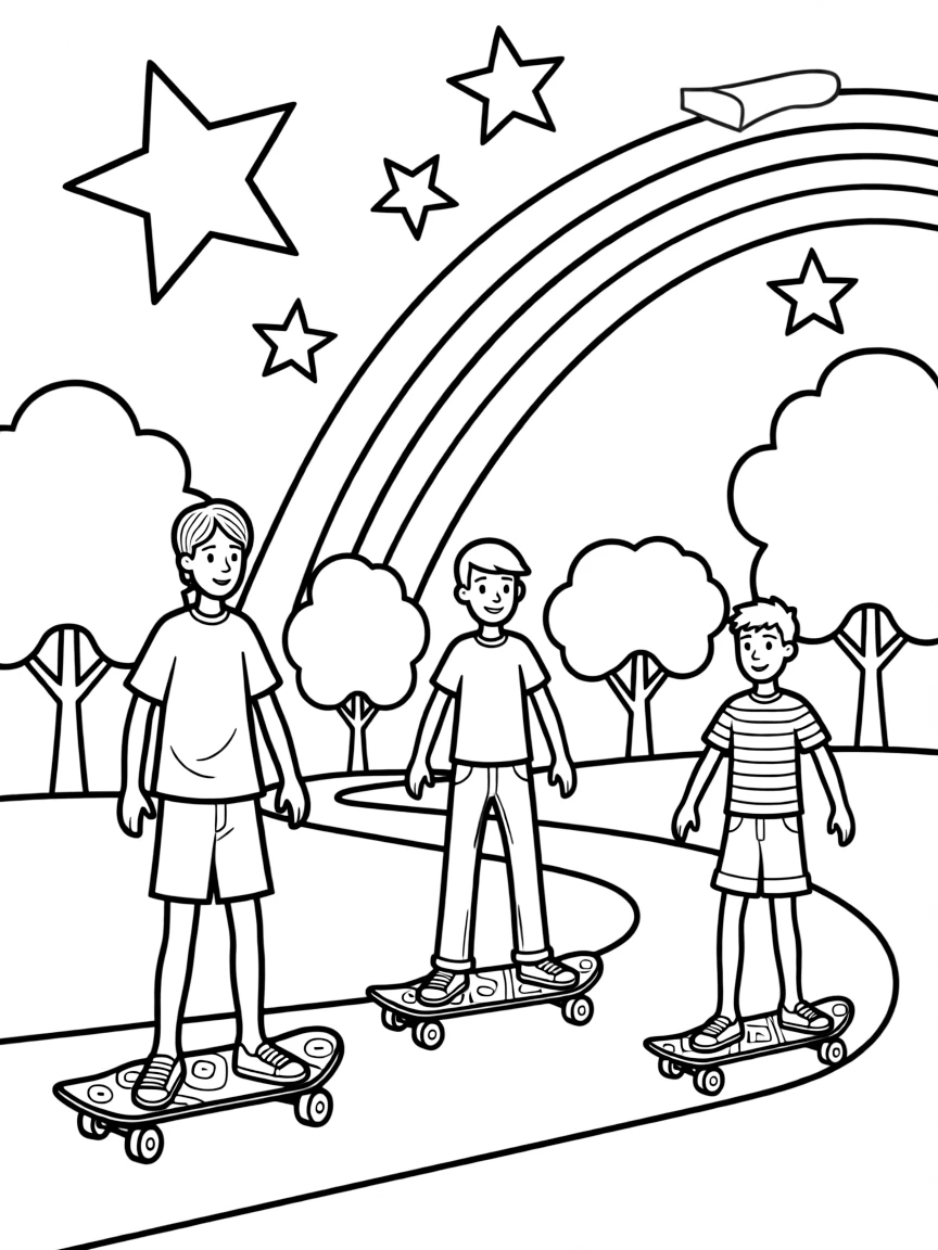Ed, Edd n Eddy skateboarding in the park, with stars and rainbows in the background.
