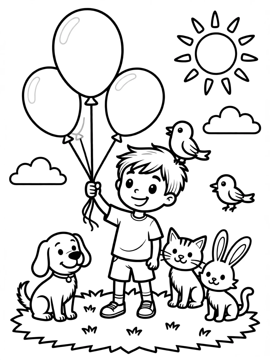 Arthur playing with balloons, surrounded by friendly animals.