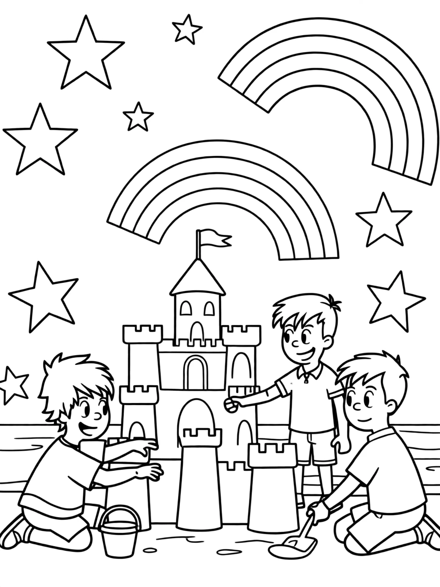 Ed, Edd n Eddy building a sandcastle, with stars and rainbows in the background.