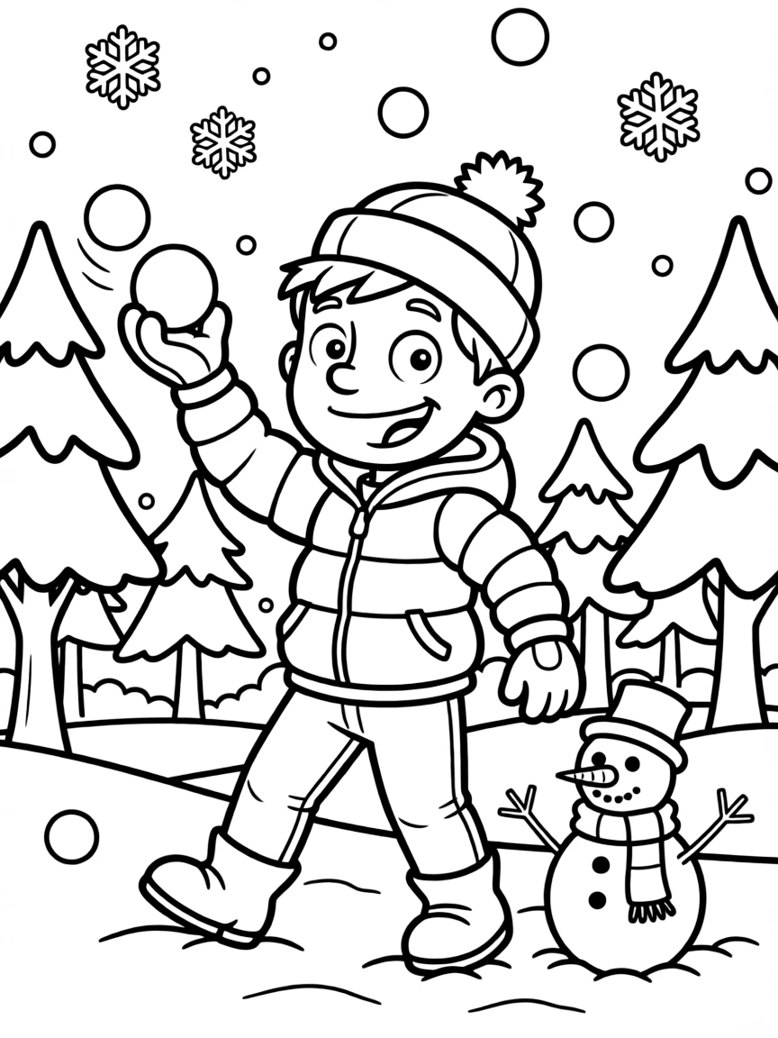 Hey Arnold! playing in the snow, with big bold outlines for easy coloring.
