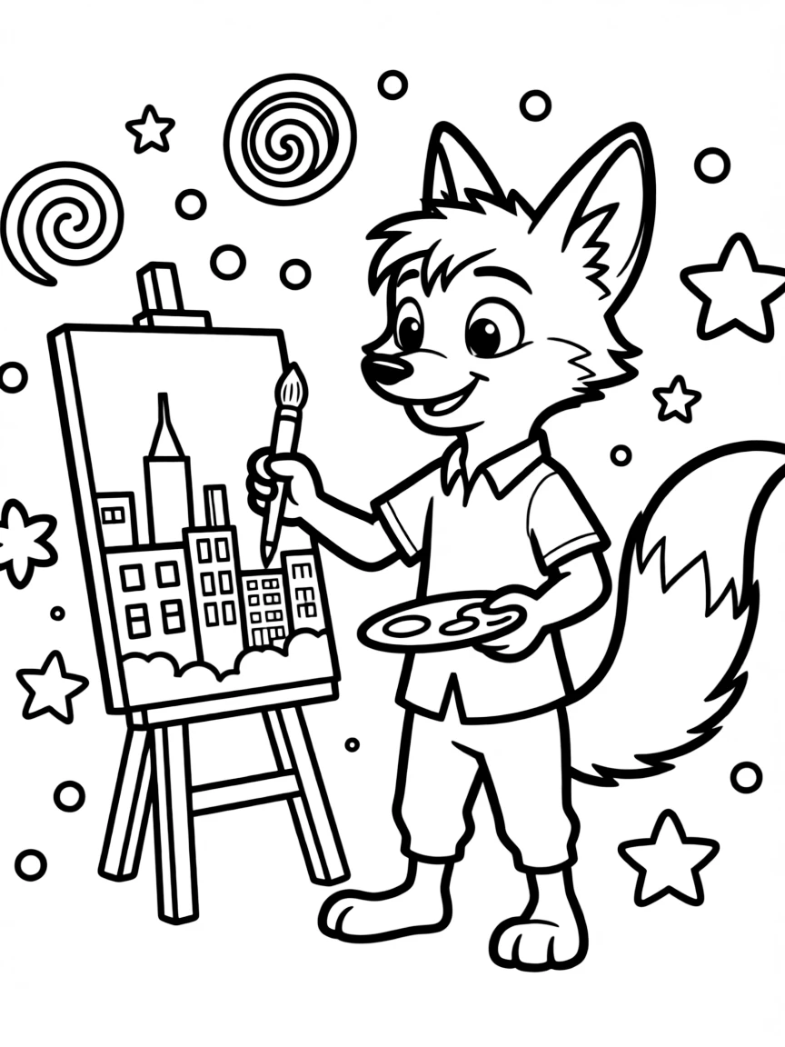 Zootopia painting a picture, with playful patterns around.