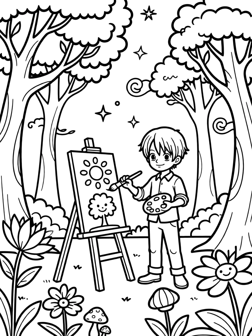 Sanji painting a picture, in a magical forest setting.