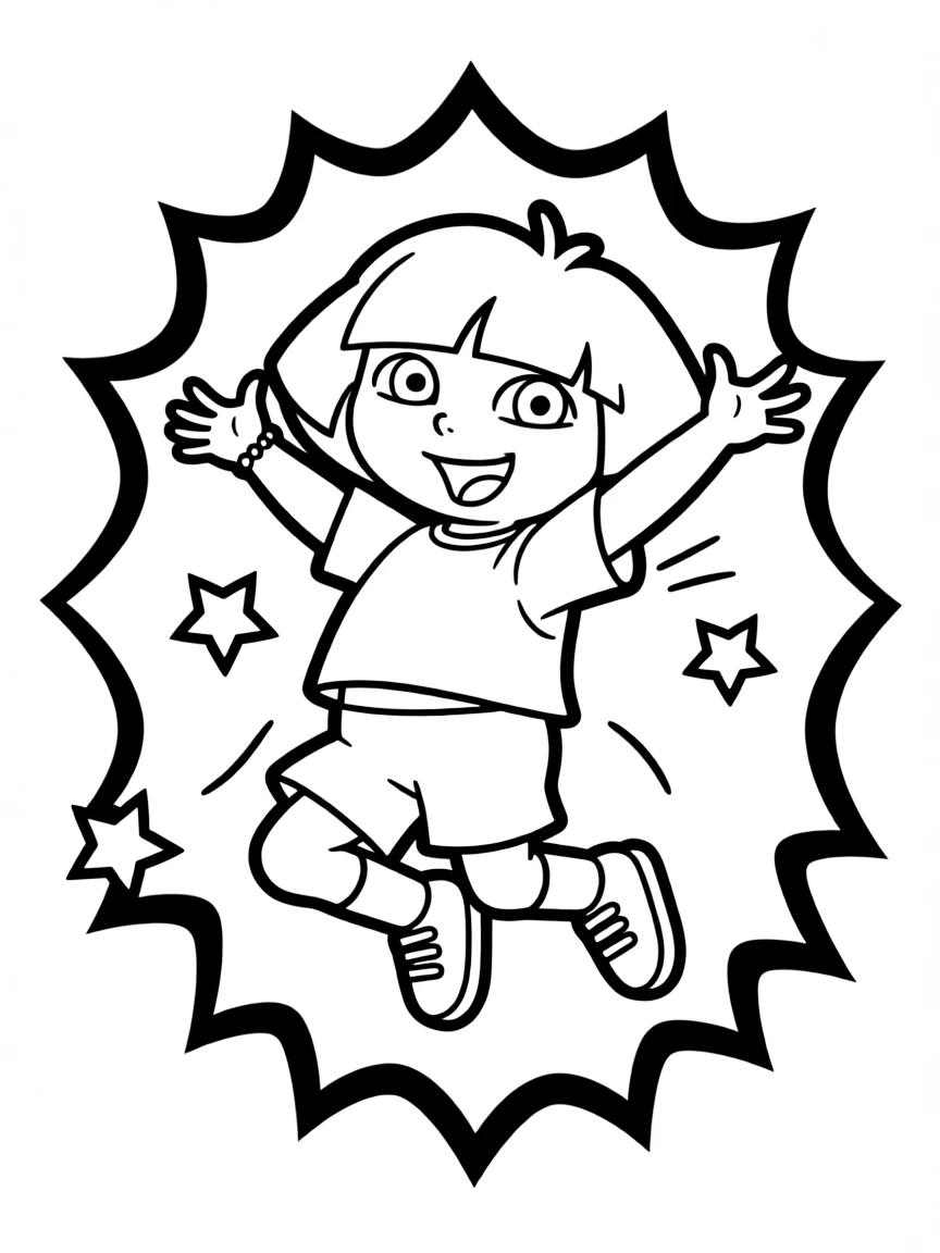 Dora the Explorer jumping with joy, inside a comic book frame.