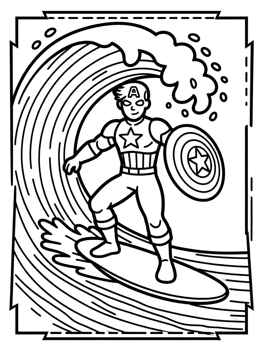 Captain America surfing on waves, inside a comic book frame.
