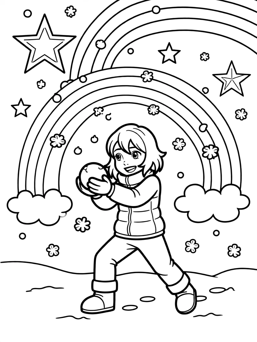 Legend of Korra playing in the snow, with stars and rainbows in the background.