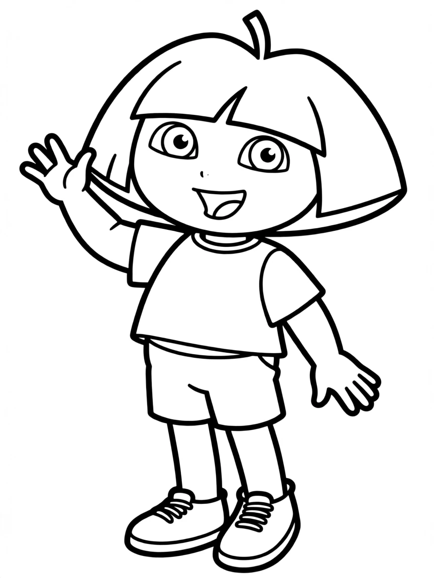 Dora the Explorer waving hello, with big bold outlines for easy coloring.