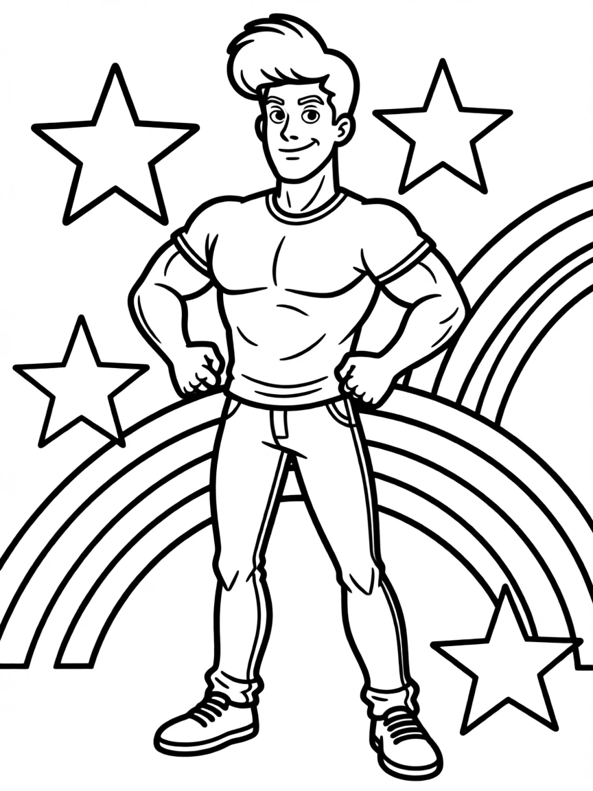 Johnny Bravo posing heroically, with stars and rainbows in the background.