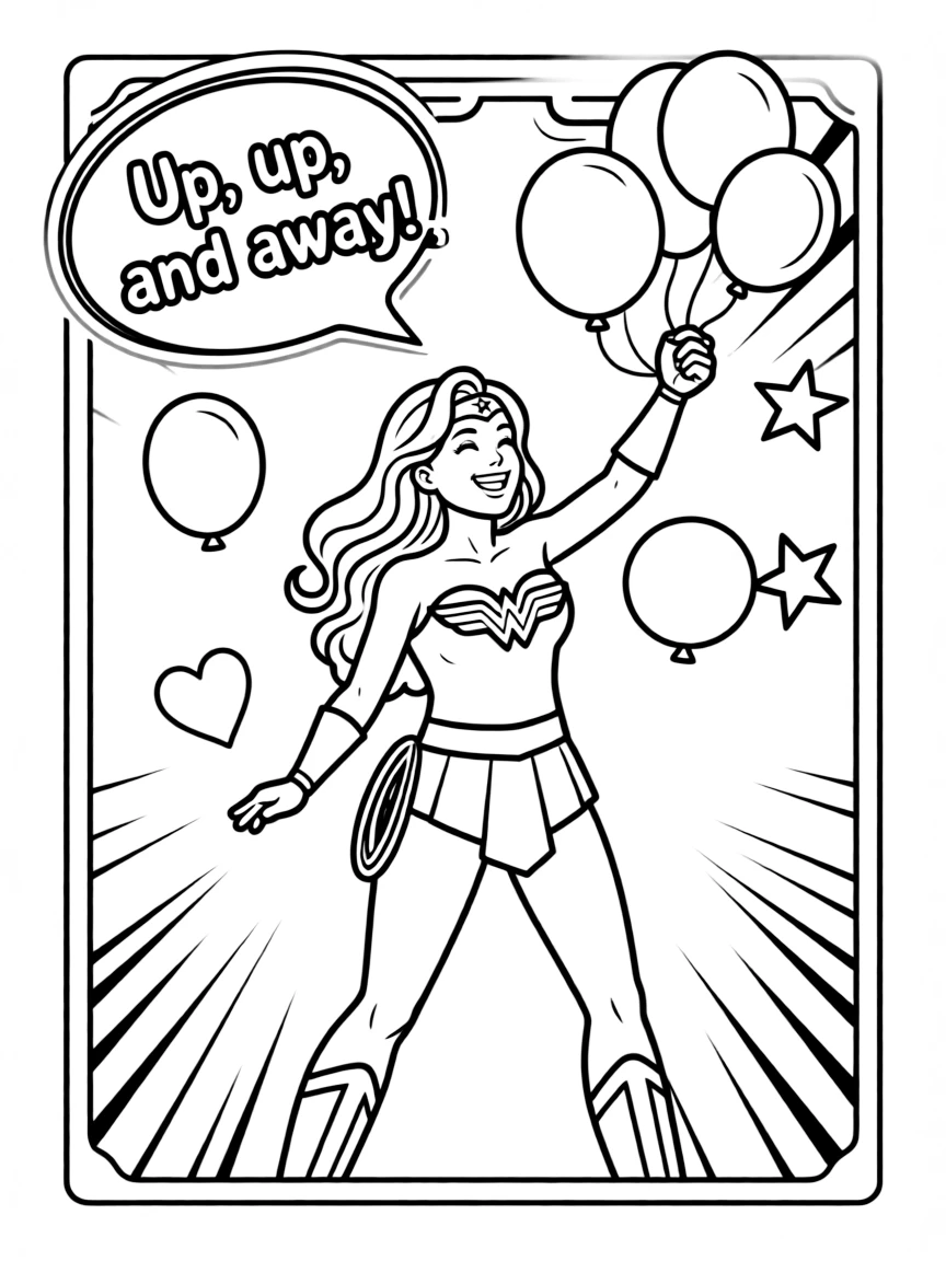 Wonder Woman playing with balloons, inside a comic book frame.