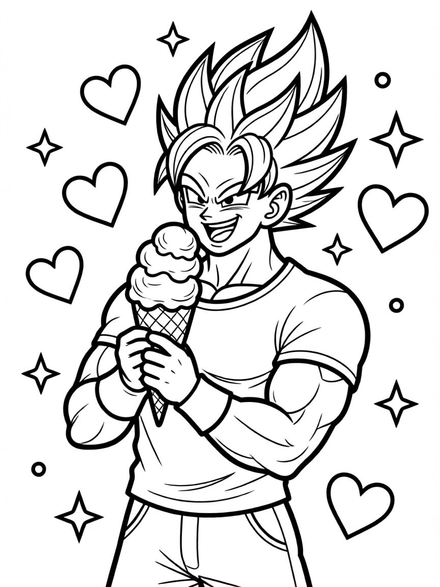 Vegeta enjoying an ice cream cone, with hearts and sparkles around.