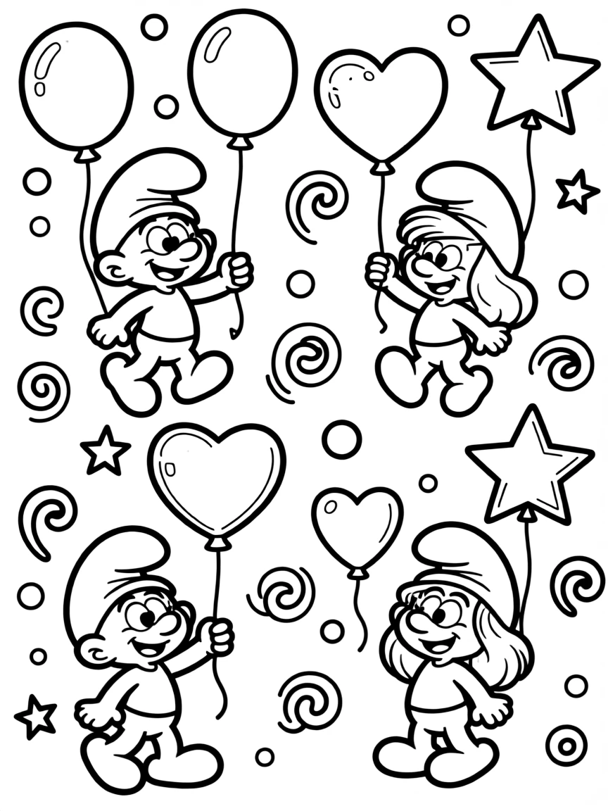 The Smurfs playing with balloons, with playful patterns around.