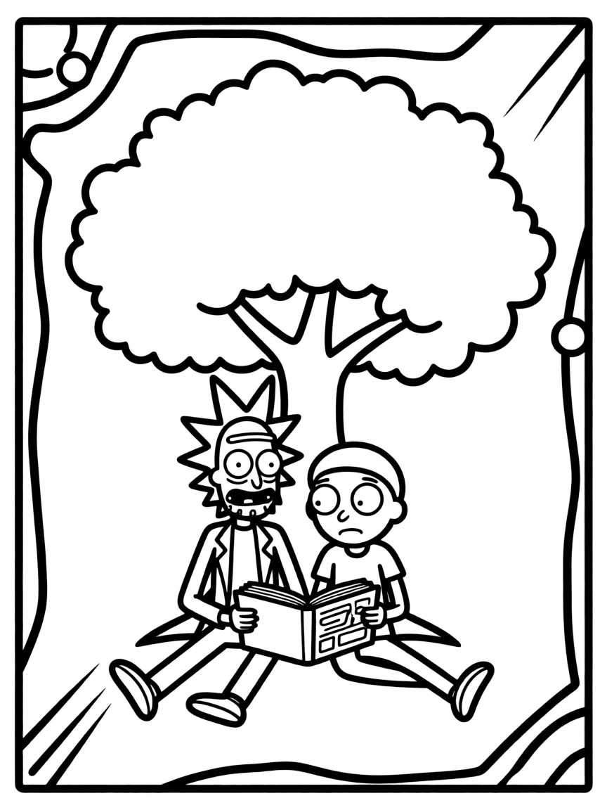 Rick and Morty reading a book under a tree, inside a comic book frame.