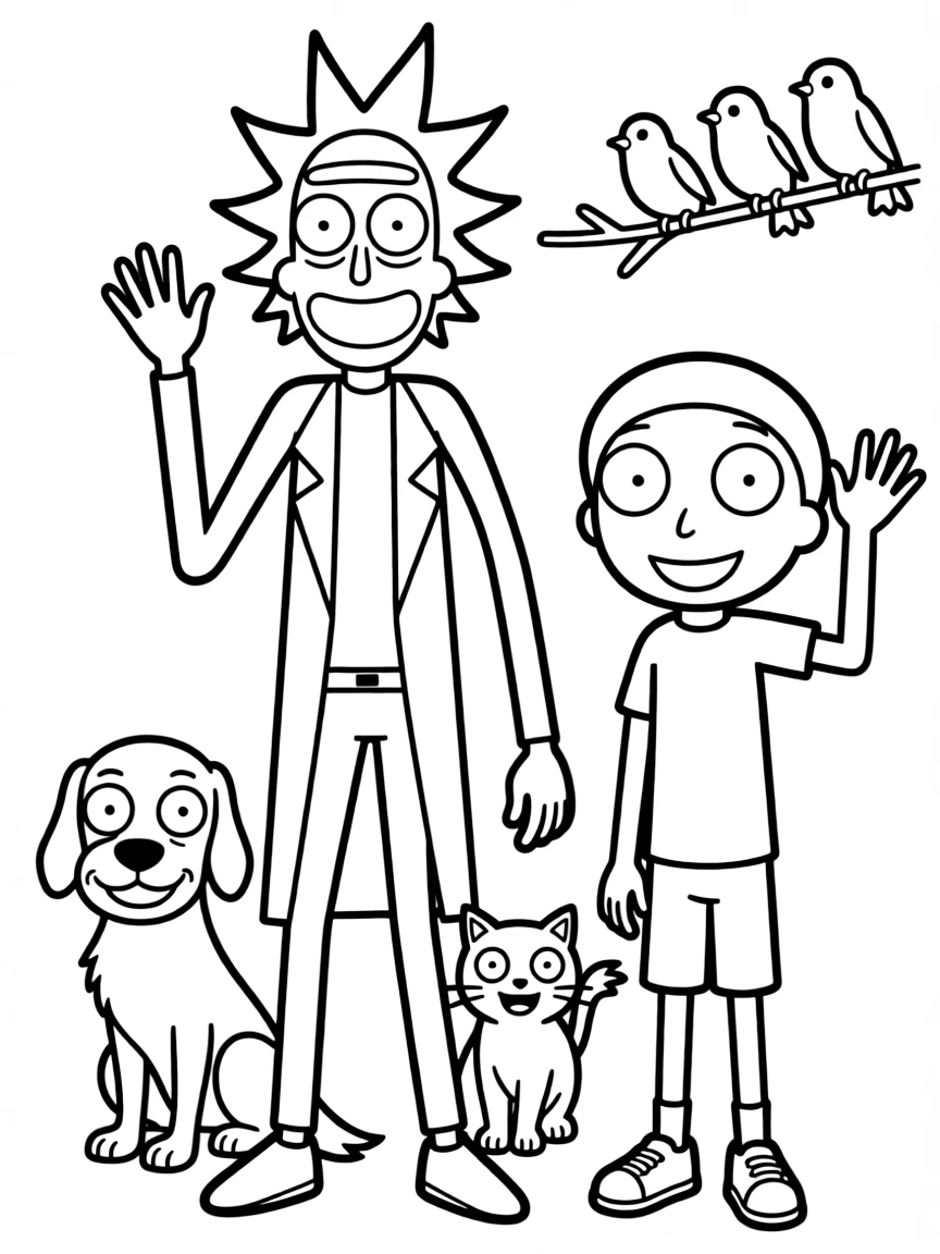 Rick and Morty waving hello, surrounded by friendly animals.