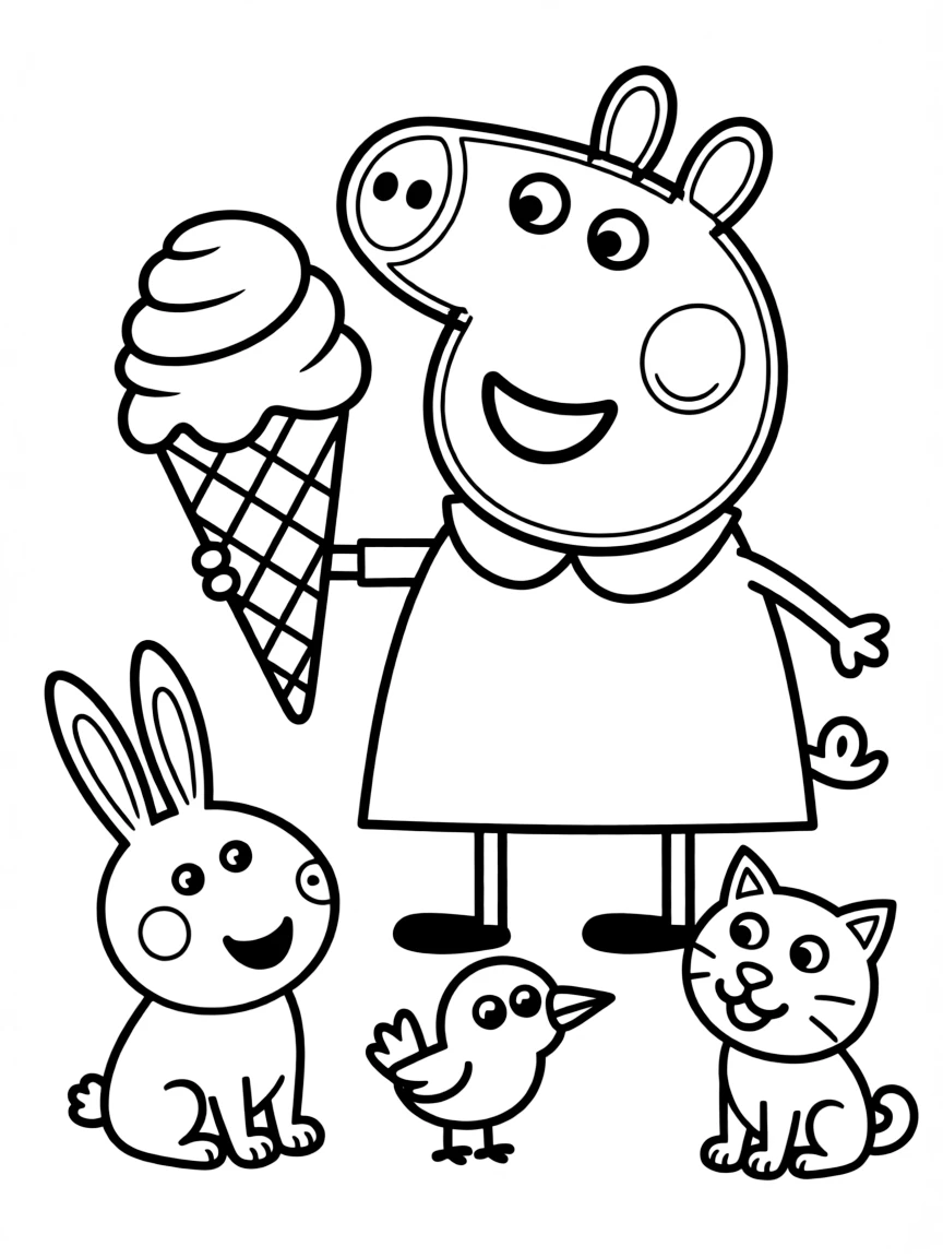 Peppa Pig enjoying an ice cream cone, surrounded by friendly animals.