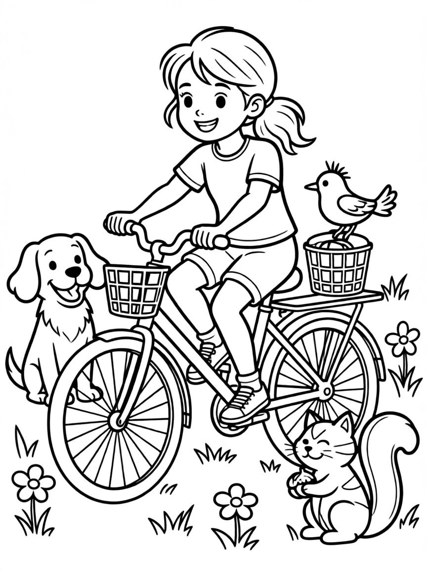 Sakura riding a bicycle, surrounded by friendly animals.